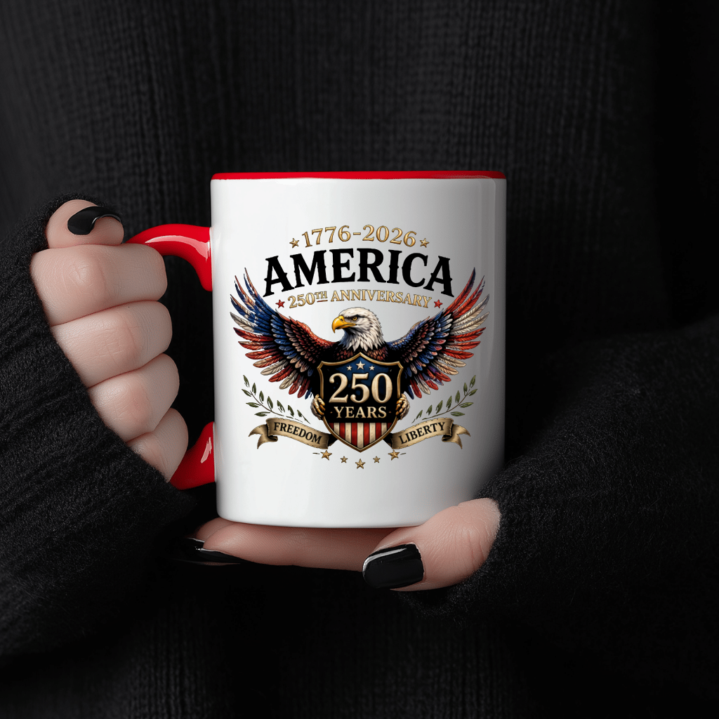 Liberty Eagle 1776–2026 Accent Mug – America 250th Anniversary Patriotic Graphic Gift for Him Her - close-up view